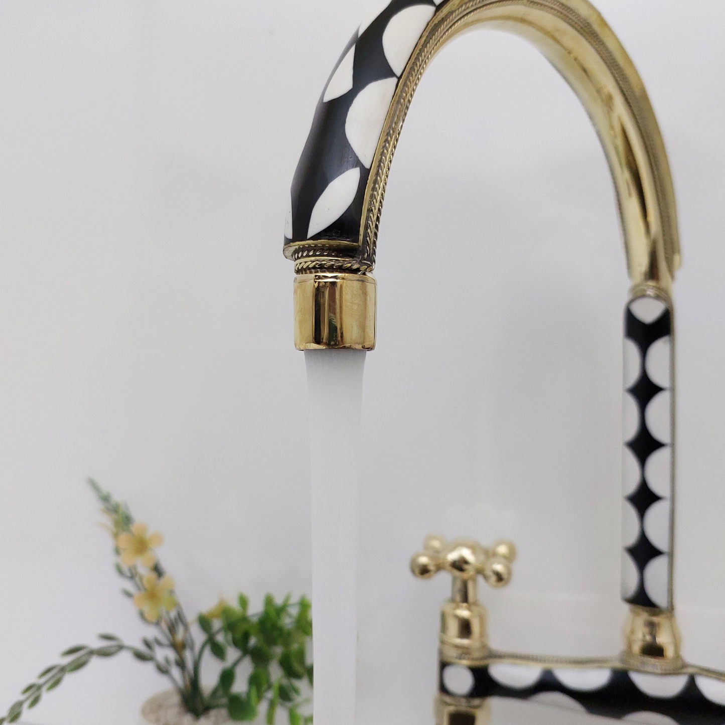 Unlacquered Brass and Resin Bridge Faucet with Sprayer, Antique Brass Faucet with Cross Handles - Ref: BFR1SC