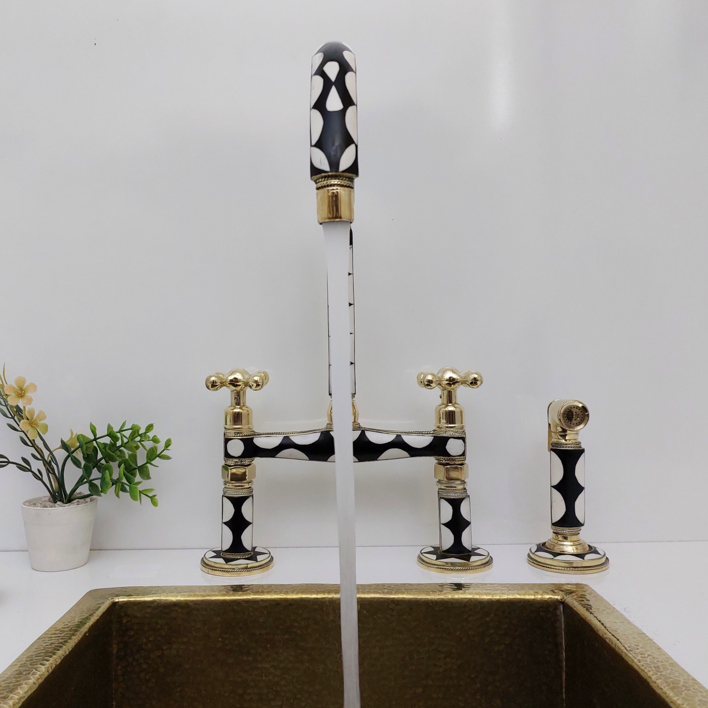 Unlacquered Brass and Resin Bridge Faucet with Sprayer, Antique Brass Faucet with Cross Handles - Ref: BFR1SC