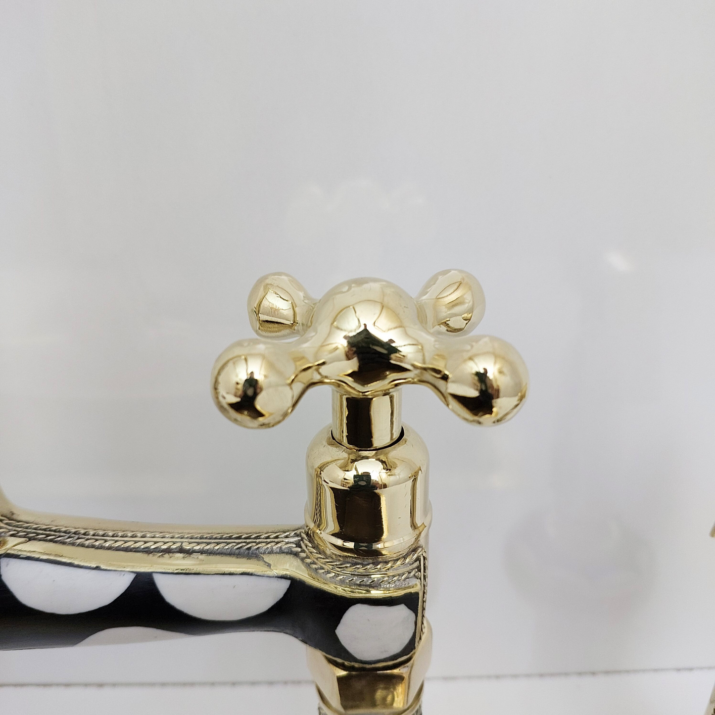 Unlacquered Brass and Resin Bridge Faucet with Sprayer, Antique Brass Faucet with Cross Handles - Ref: BFR1SC