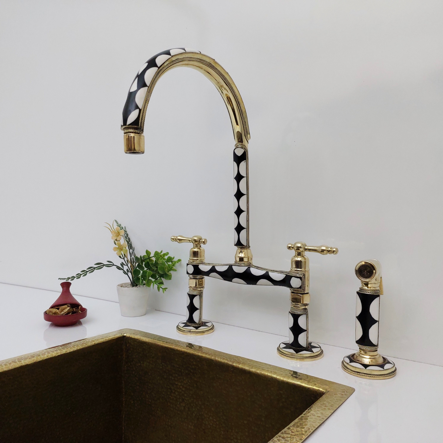 Unlacquered Brass and Resin Bridge Faucet with Sprayer, Antique Brass Faucet with Lever Handles - Ref: BFR1SL