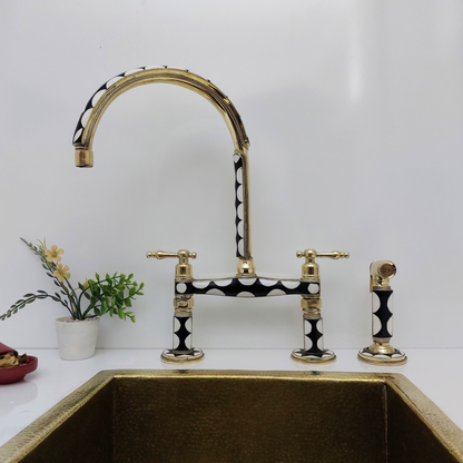 Unlacquered Brass and Resin Bridge Faucet with Sprayer, Antique Brass Faucet with Lever Handles - Ref: BFR1SL