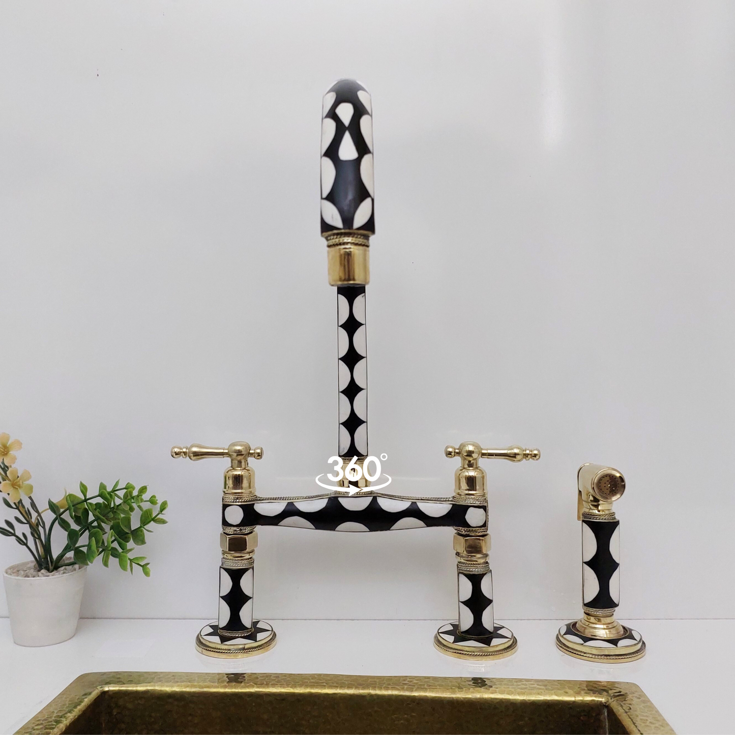 Unlacquered Brass and Resin Bridge Faucet with Sprayer, Antique Brass Faucet with Lever Handles - Ref: BFR1SL