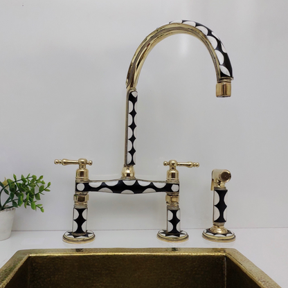 Unlacquered Brass and Resin Bridge Faucet with Sprayer, Antique Brass Faucet with Lever Handles - Ref: BFR1SL