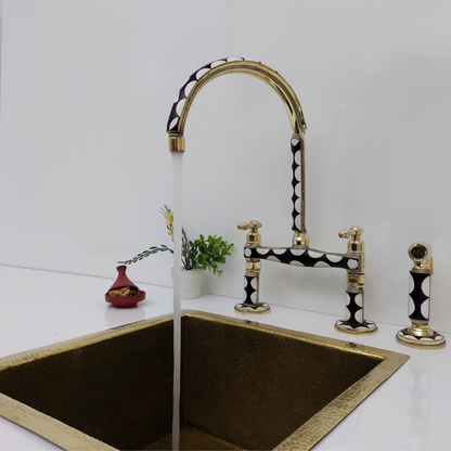 Unlacquered Brass and Resin Bridge Faucet with Sprayer, Antique Brass Faucet with Lever Handles - Ref: BFR1SL