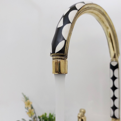 Unlacquered Brass and Resin Bridge Faucet with Sprayer, Antique Brass Faucet with Lever Handles - Ref: BFR1SL