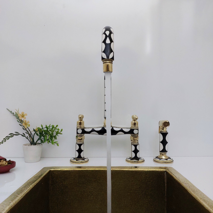 Unlacquered Brass and Resin Bridge Faucet with Sprayer, Antique Brass Faucet with Lever Handles - Ref: BFR1SL