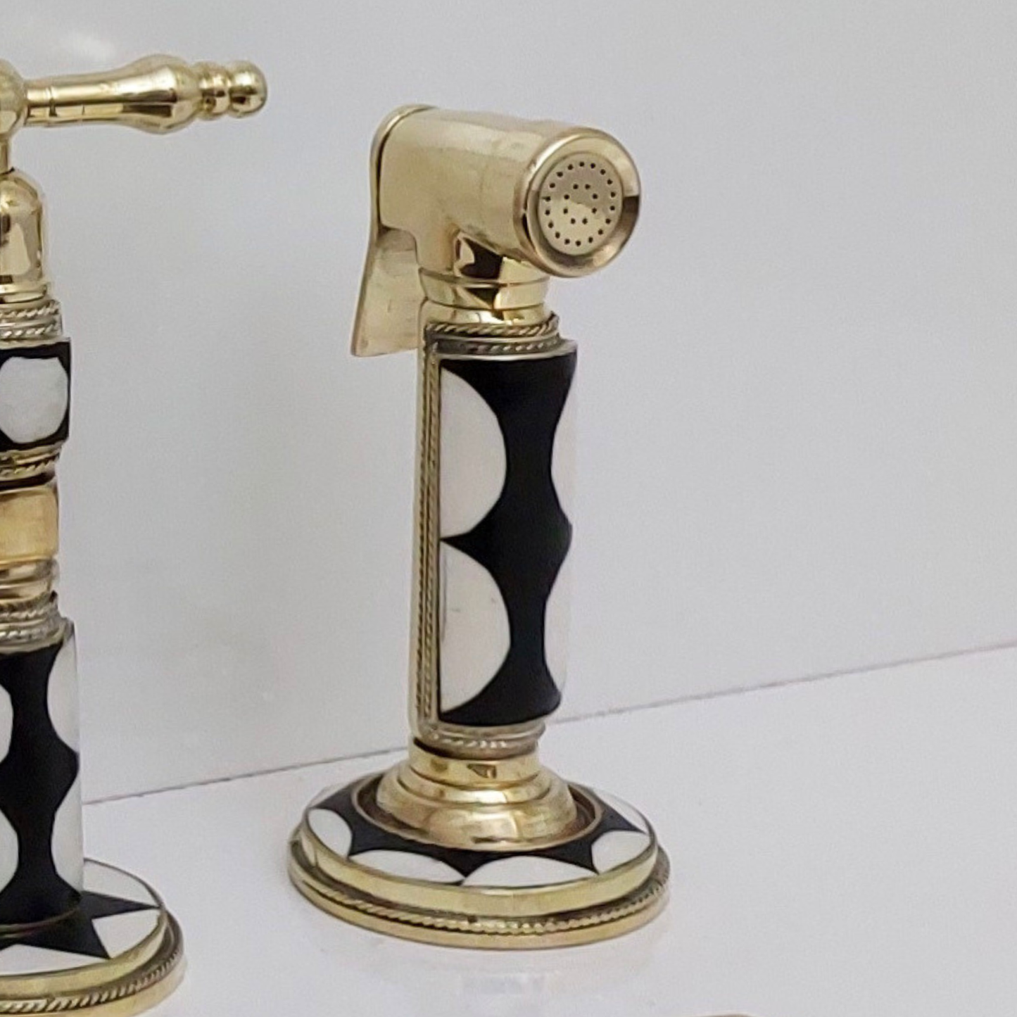 Unlacquered Brass and Resin Bridge Faucet with Sprayer, Antique Brass Faucet with Lever Handles - Ref: BFR1SL