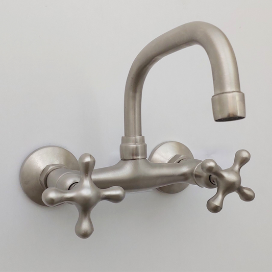 Wall Mount Brass Faucet, Brushed Nickel Finish Gooseneck Faucet with Cross Handles - Ref: WFCN002