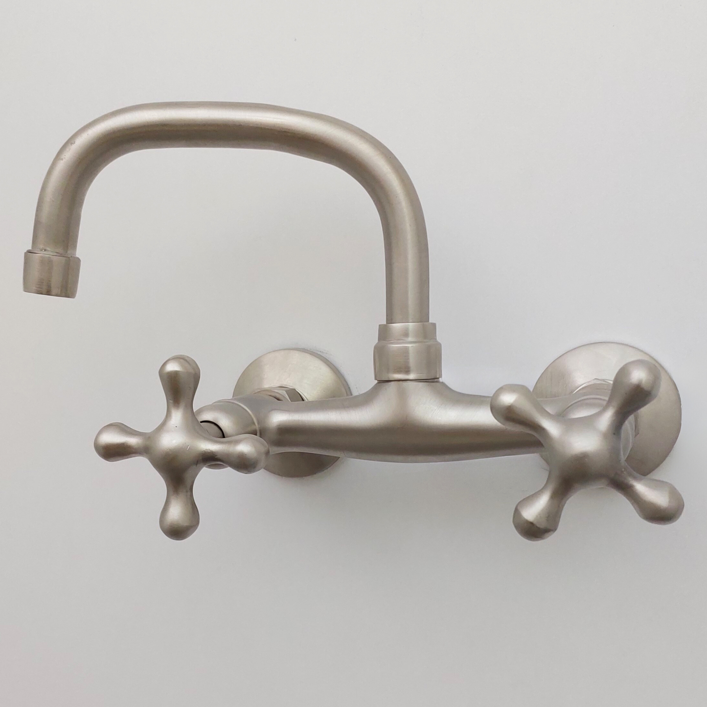 Wall Mount Brass Faucet, Brushed Nickel Finish Gooseneck Faucet with Cross Handles - Ref: WFCN002