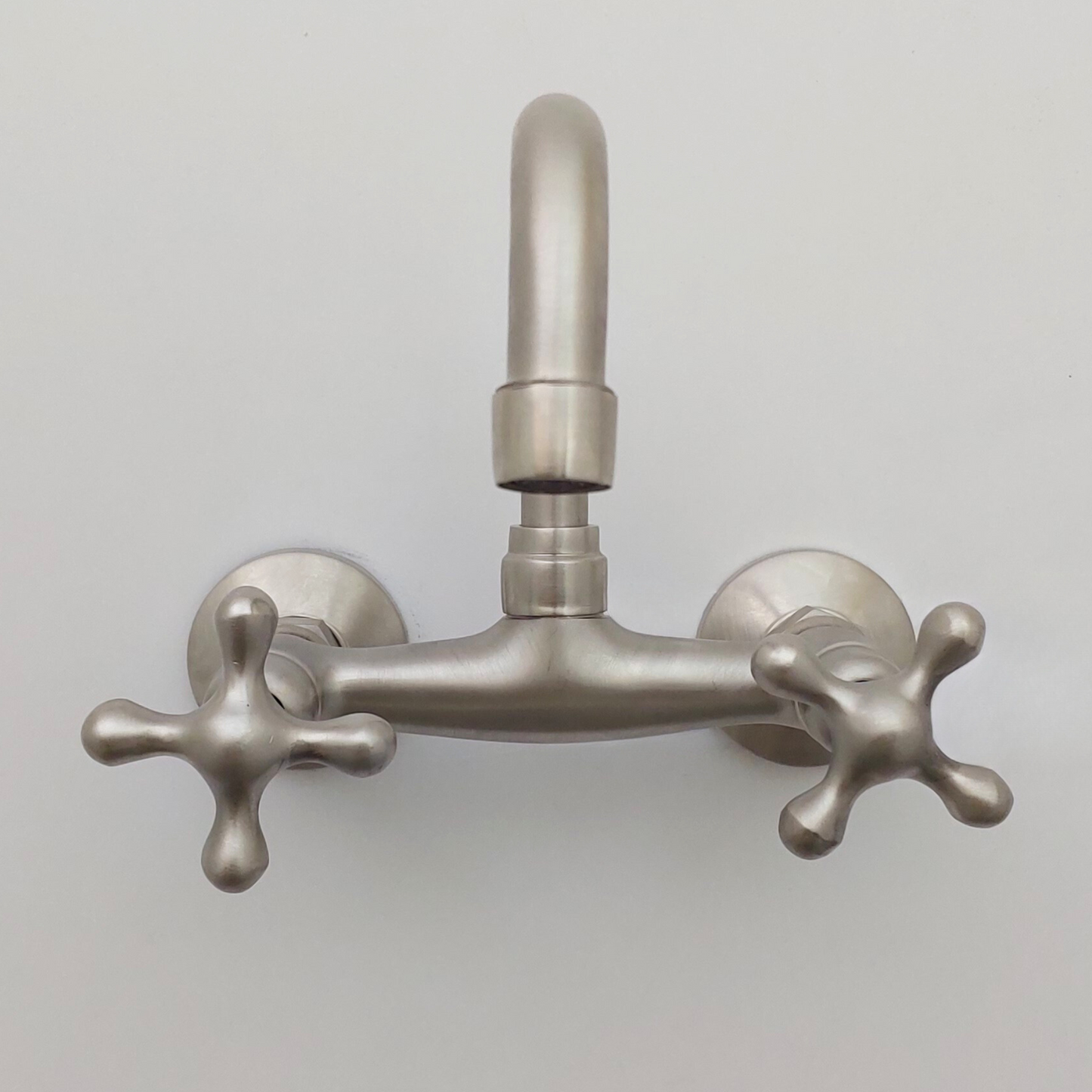 Wall Mount Brass Faucet, Brushed Nickel Finish Gooseneck Faucet with Cross Handles - Ref: WFCN002