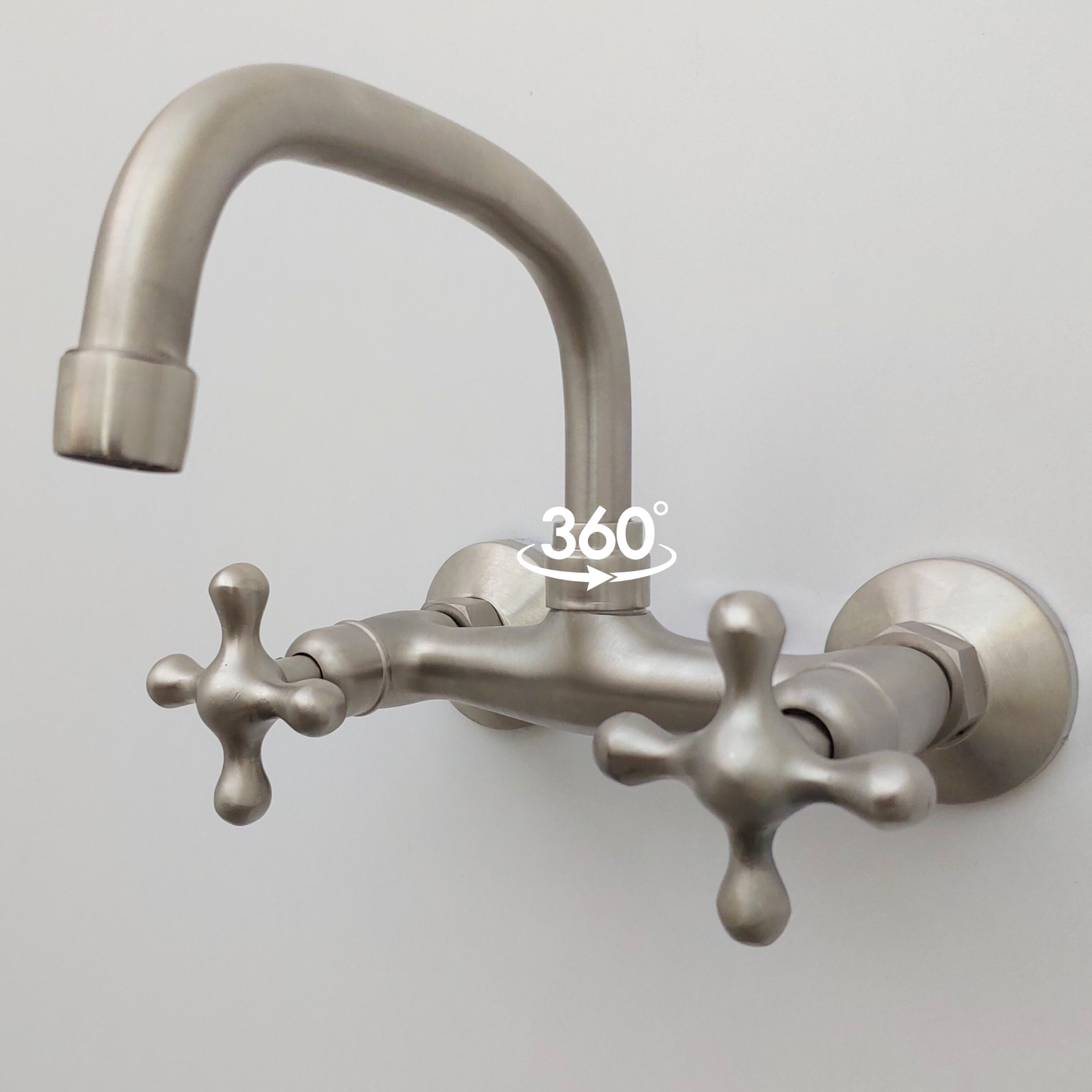 Wall Mount Brass Faucet, Brushed Nickel Finish Gooseneck Faucet with Cross Handles - Ref: WFCN002