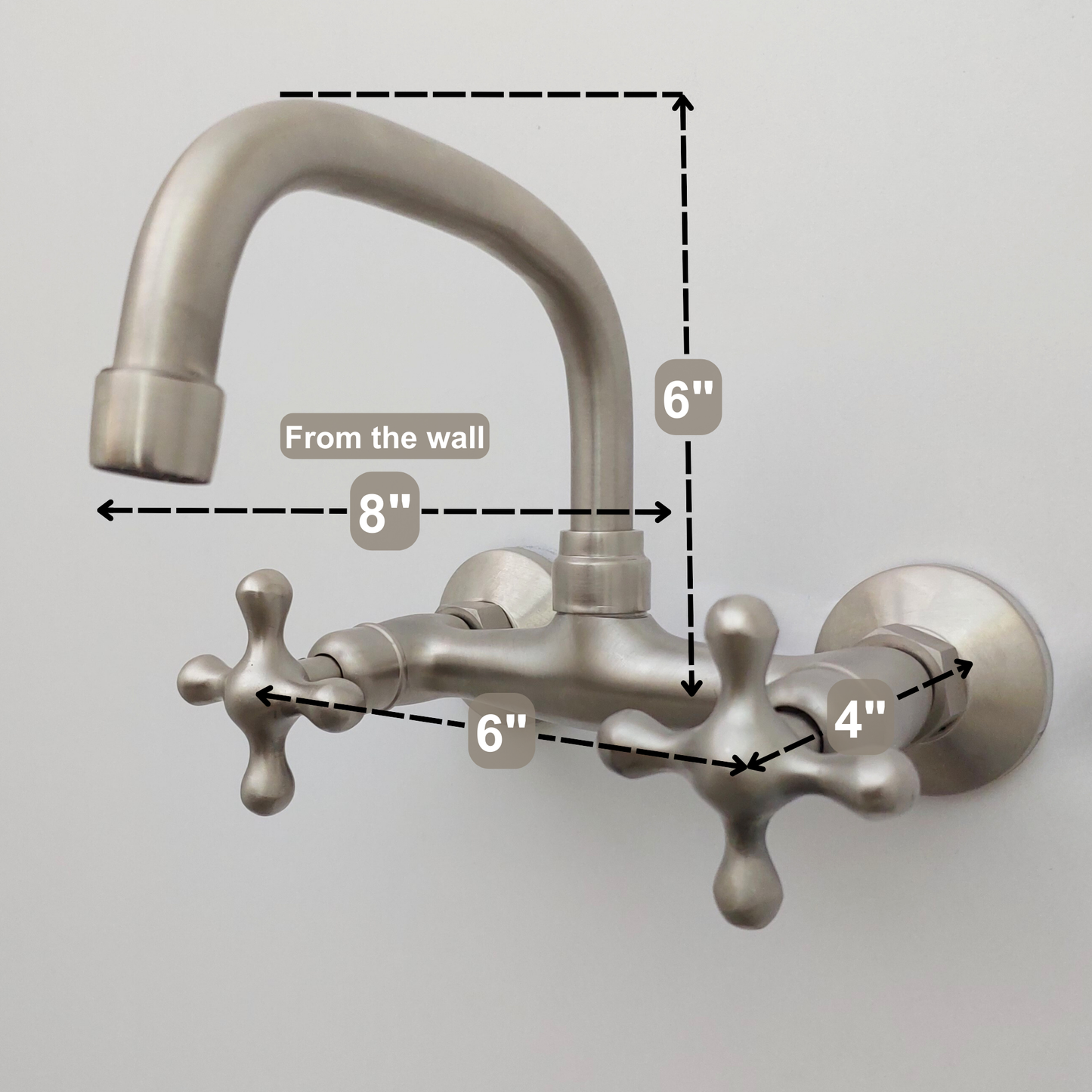 Wall Mount Brass Faucet, Brushed Nickel Finish Gooseneck Faucet with Cross Handles - Ref: WFCN002