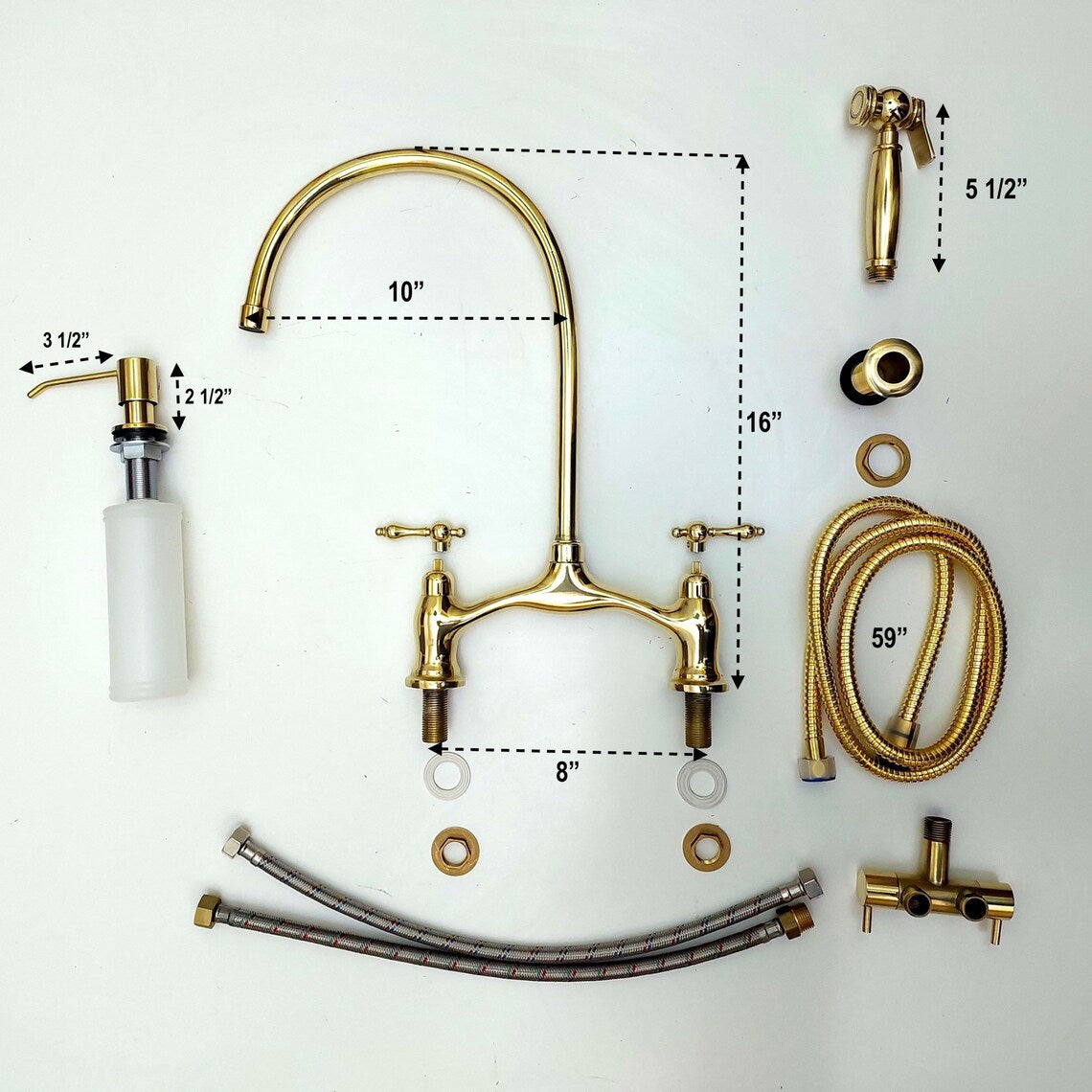 Robinet de cuisine vintage en laiton non laqué avec pulvérisateur et distributeur de savon, robinet de cuisine en laiton antique à finition vivante - réf: APCL-8