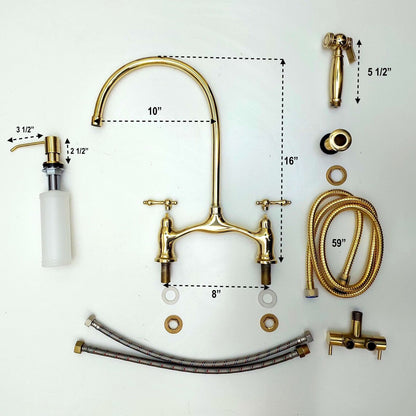 Robinet de cuisine vintage en laiton non laqué avec pulvérisateur et distributeur de savon, robinet de cuisine en laiton antique à finition vivante - réf. APCL-9