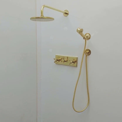 Unlacquered Brass Shower System with Flat Round Rain Shower Head, Central Brass Plaque and Cross Handles - Ref: SSPH2-FUBC