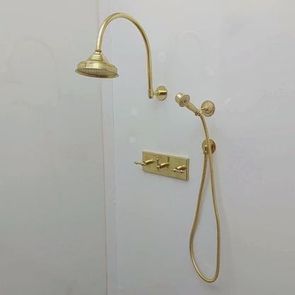 Unlacquered Brass Shower System with Central Brass Plaque and Lever Handles, Bridge Arm Round Rain Shower Head - Ref: SSPH-UBL