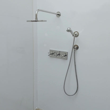 Polished Nickel Finish Brass Shower System with Flat Round Rain Shower Head, Central Brass Plaque, and Cross Handles - Ref: SSPH-PNBC