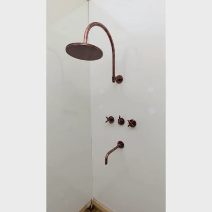 Antique Copper Finish Shower System with Tub Filler, Solid Brass Round Rain Shower Head with Arcuate Arm and Cross Handles - Ref: ACSSTB1-C