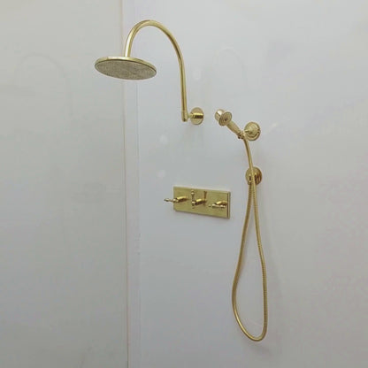 Unlacquered Brass Shower System with Central Brass Plaque and Lever Handles, Bridge Arm Flat Round Rain Shower Head - Ref: SSPH-FUBL