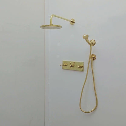 Unlacquered Brass Shower System with Flat Round Rain Shower Head, Central Brass Plaque and Lever Handles - Ref: SSPH2-FUBL