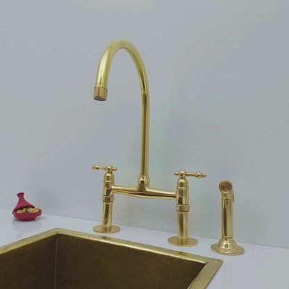 Unlacquered Brass Bridge Faucet with Sprayer, Brass Kitchen Faucet With Lever Handles - Ref: BF2LLB001-SP