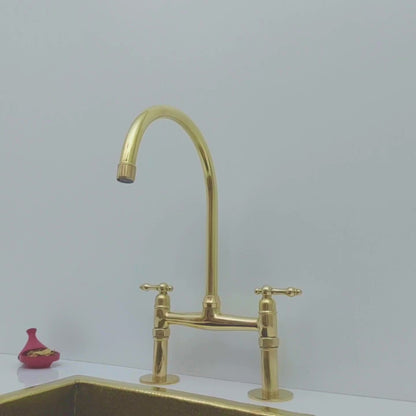 Unlacquered Brass Bridge Kitchen Faucet with Lever Handles - Ref: BF2LLB001