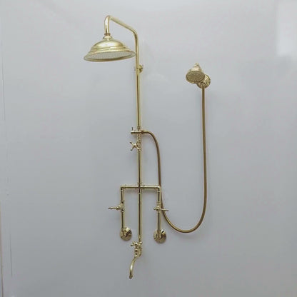 Unlacquered Brass Shower System with Round Rain Shower Head, Handheld Shower Head, Tub Filler, and Lever Handles - Ref: SS2H8TFL