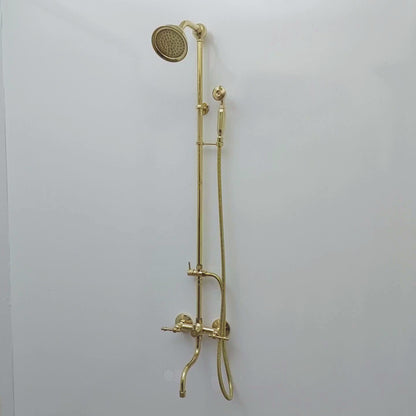 Unlacquered Brass Shower System with Round Shower Head, Handheld Shower Head, Tub Filler, and Lever Handles - Ref: SSH8TFL