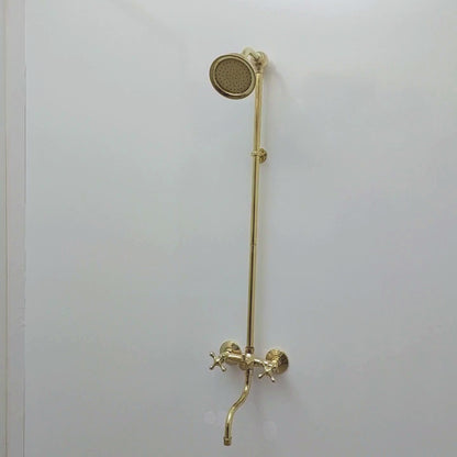 Unlacquered Brass Shower System with Round Shower Head, Tub Filler, and Cross Handles - Ref: SS8TFC