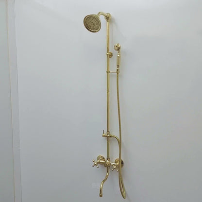 Unlacquered Brass Shower System with Round Shower Head, Handheld Shower Head, Tub Filler, and Cross Handles - Ref: SSH8TFC