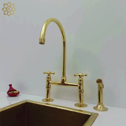 Unlacquered Brass Bridge Faucet with Sprayer, Brass Kitchen Faucet With Cross Handles - Ref: BF2LCB001-SP