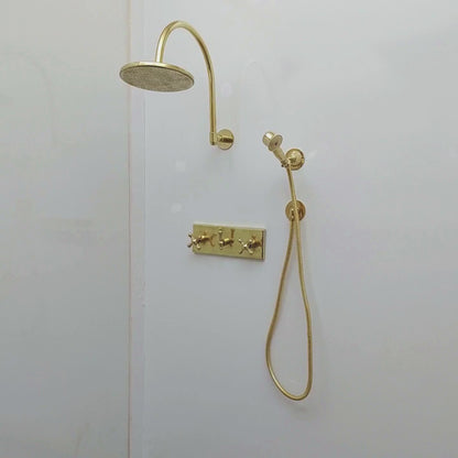 Unlacquered Brass Shower System with Central Brass Plaque and Cross Handles, Bridge Arm Flat Round Rain Shower Head - Ref: SSPH-FUBC