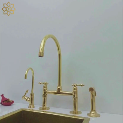 Unlacquered Brass Bridge Faucet with Sprayer and Cold Water Faucet, Brass Kitchen Faucet With Lever Handles - Ref: BF2LLB001-PK