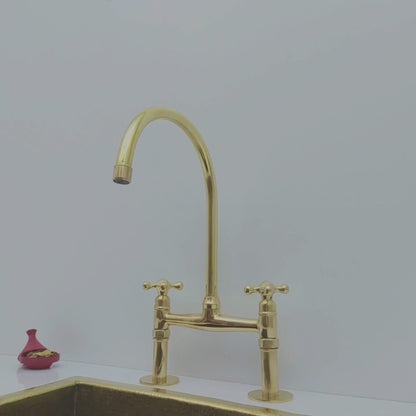 Unlacquered Brass Bridge Kitchen Faucet with Cross Handles - Ref: BF2LCB001