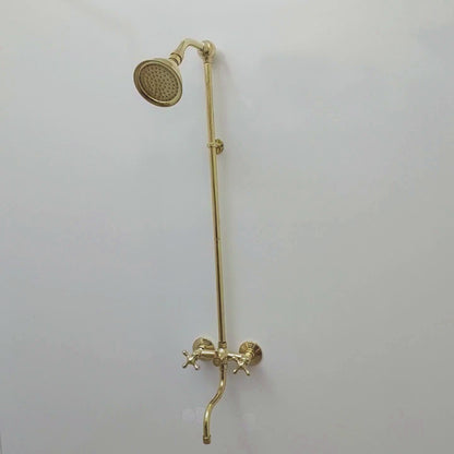 Unlacquered Brass Shower System with Adjustable Round Shower Head, Tub Filler, and Cross Handles - Ref: SSA8TFC