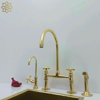 Unlacquered Brass Bridge Faucet with Sprayer and Cold Water Faucet, Brass Kitchen Faucet With Cross Handles - Ref: BF2LCB001-PK