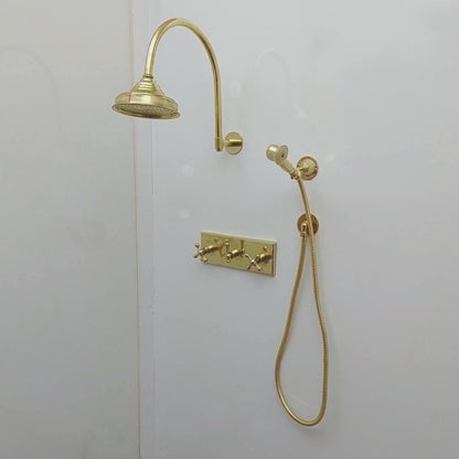 Unlacquered Brass Shower System with Central Brass Plaque and Cross Handles, Bridge Arm Round Rain Shower Head - Ref: SSPH-UBC