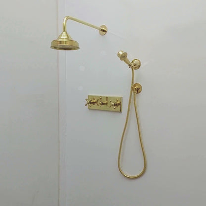 Unlacquered Brass Shower System with Round Rain Shower Head, Central Brass Plaque and Cross Handles - Ref: SSPH2-UBC