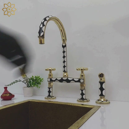 Unlacquered Brass and Resin Bridge Faucet with Sprayer, Antique Brass Faucet with Cross Handles - Ref: BFR1SC