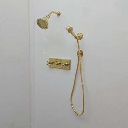 Unlacquered Brass Shower System with Adjustable Round Rain Shower Head, Central Brass Plaque and Cross Handles - Ref: SSPH-AUBC