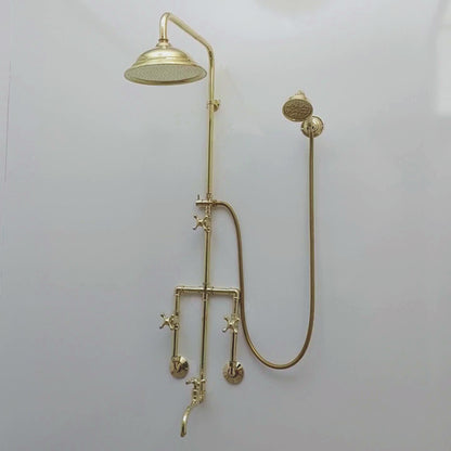 Unlacquered Brass Shower System with Round Rain Shower Head, Handheld Shower Head, Tub Filler, and Cross Handles - Ref: SS2H8TFC