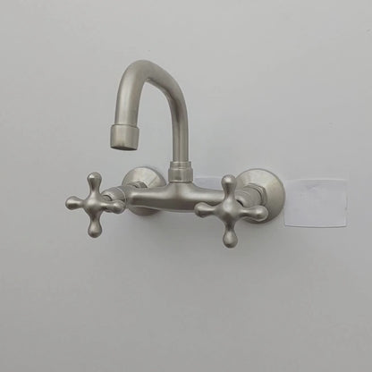 Wall Mount Brass Faucet, Brushed Nickel Finish Gooseneck Faucet with Cross Handles - Ref: WFCN002