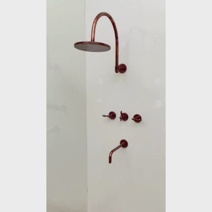 Antique Copper Finish Shower System with Tub Filler, Solid Brass Round Rain Shower Head with Arcuate Arm and Lever Handles - Ref: ACSSTB1-L