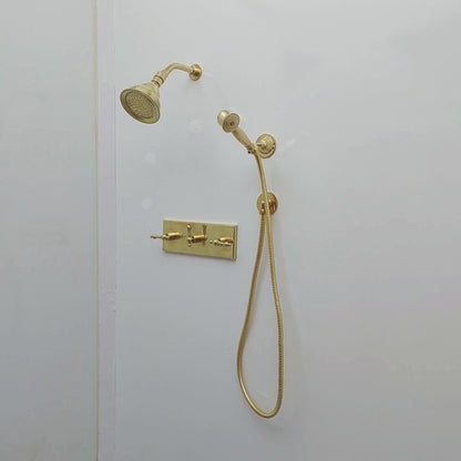 Unlacquered Brass Shower System with Adjustable Round Rain Shower Head, Central Brass Plaque and Lever Handles - Ref: SSPH-AUBL