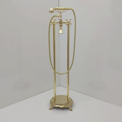 Unlacquered Brass Freestanding Bathtub Faucet, Solid Brass Tub Filler with Handheld Shower Head and Cross Handles - Ref: TF004-C