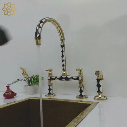 Unlacquered Brass and Resin Bridge Faucet with Sprayer, Antique Brass Faucet with Lever Handles - Ref: BFR1SL