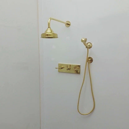 Unlacquered Brass Shower System with Round Rain Shower Head, Central Brass Plaque and Lever Handles - Ref: SSPH2-UBL