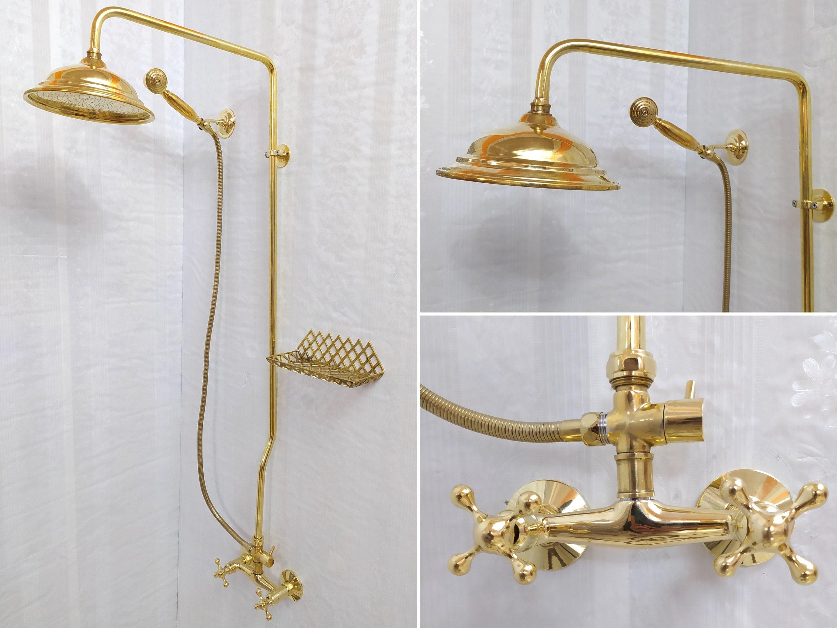 Antique Brass Shower System with Round Shower Head, Handheld Shower, a ...