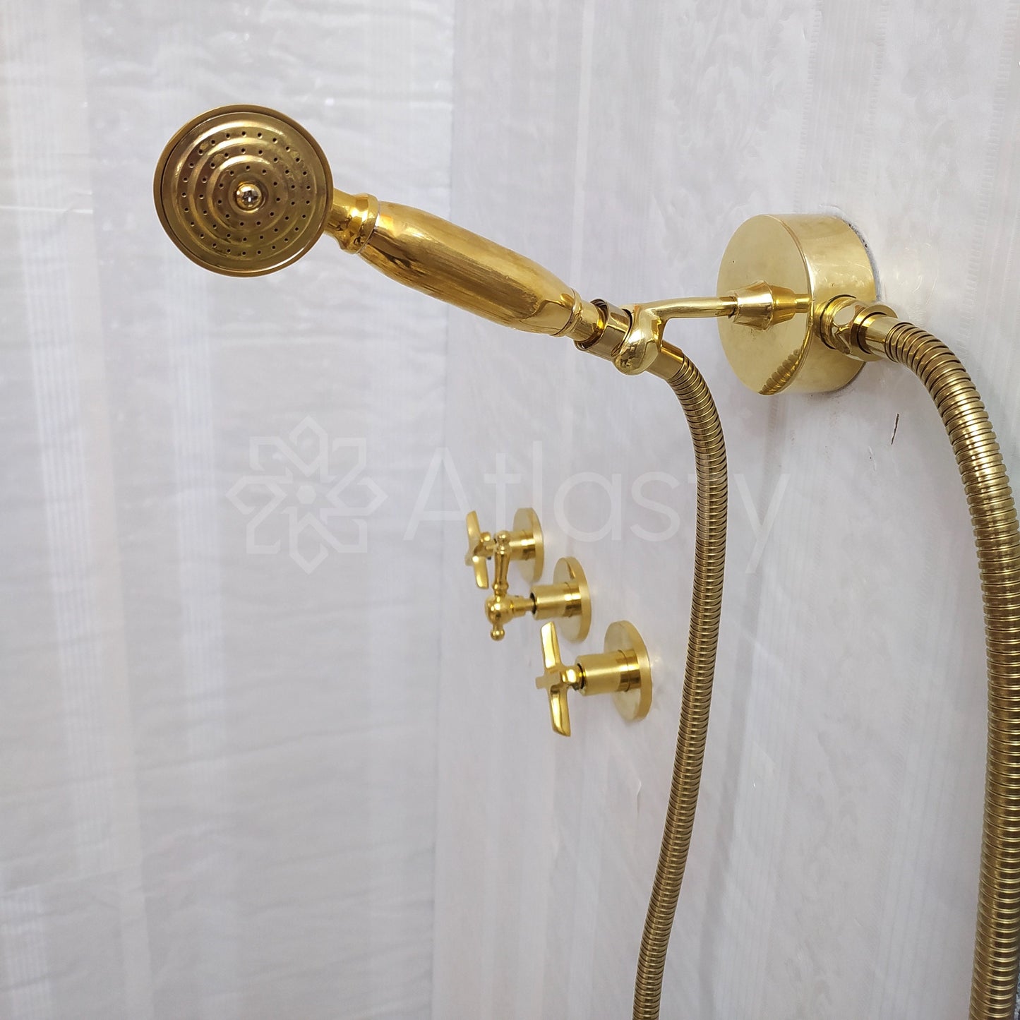 Système de douche en laiton antique avec pomme de douche, douche à main et 3 poignées - Réf : ATLASS18