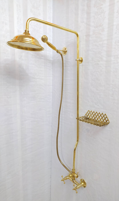 Antique Brass Shower System with Round Shower Head, Handheld Shower, and 3 Handles - Ref: ATLASS26